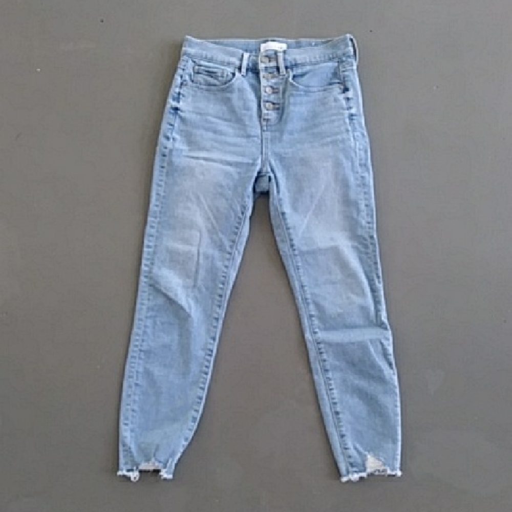 LOFT High Rise Cropped Light Wash Button Fly Skinny Jeans